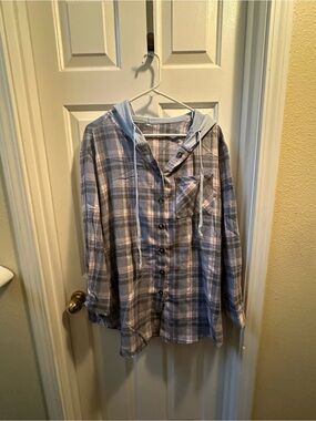 Plaid Hooded Button-Up Shirt - black, pink and Gray